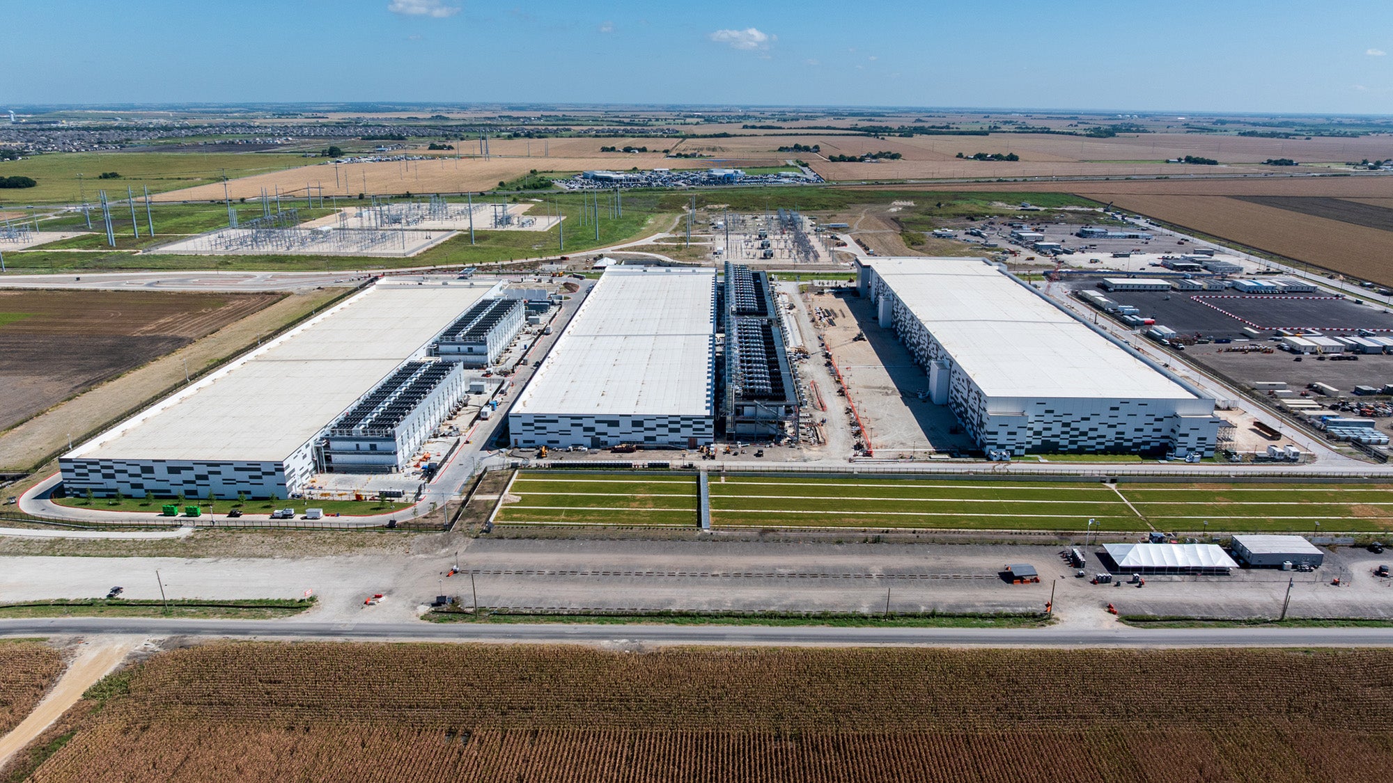 Aerial view of a large data center campus in Hutto, Texas