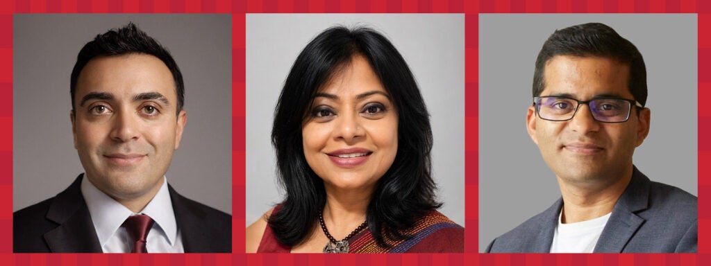 A triptych of Abraar Karan, Qusia Huda, and Amber Nigam.
