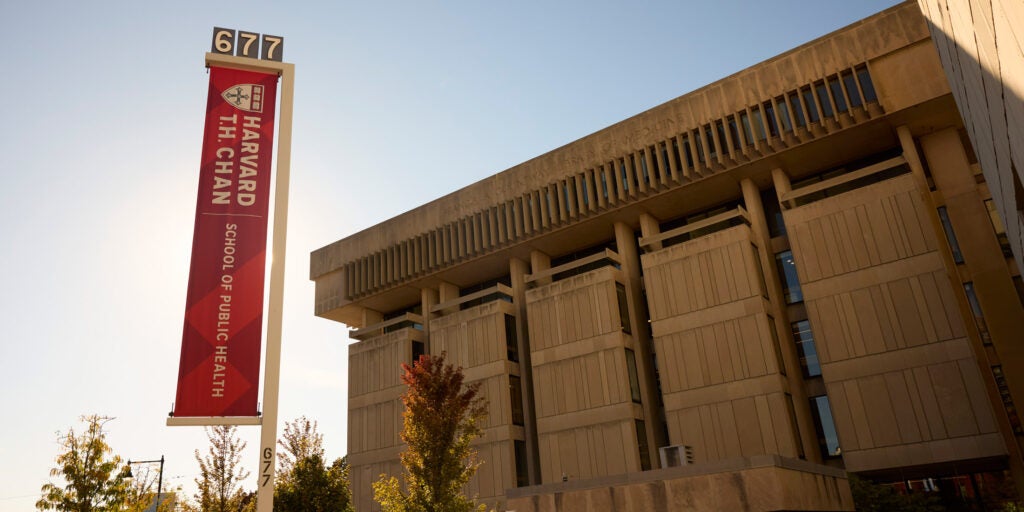 A Harvard T.H. Chan School of Public Health banner lightpole banner near the Countway Medical Library building shines at dusk.