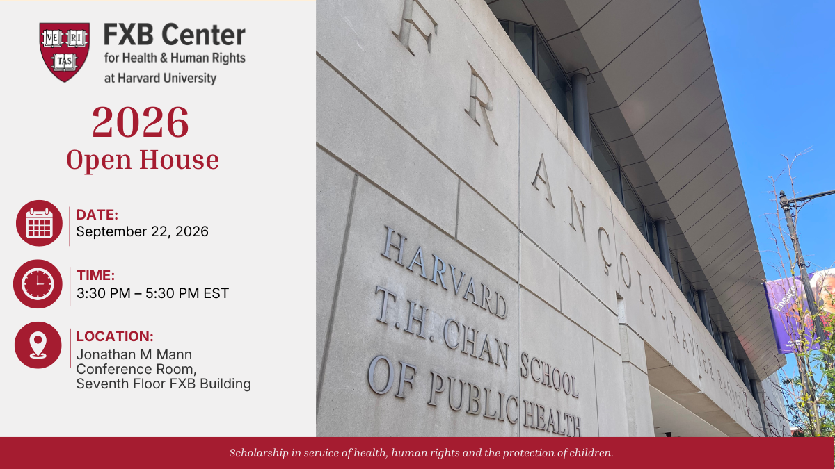 FXB Open House flyer with picture of outside of FXB building and logo and event details in text on beige background with crimson red elements