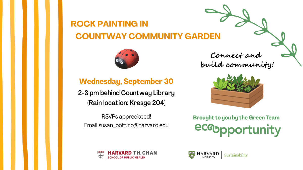 event flyer with ladybug, gold elements and a small box garden