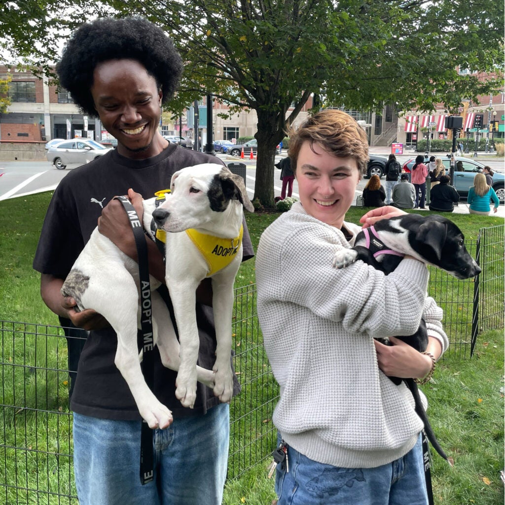Jamie Momoh and Kate Thornburg in a park holding dogs