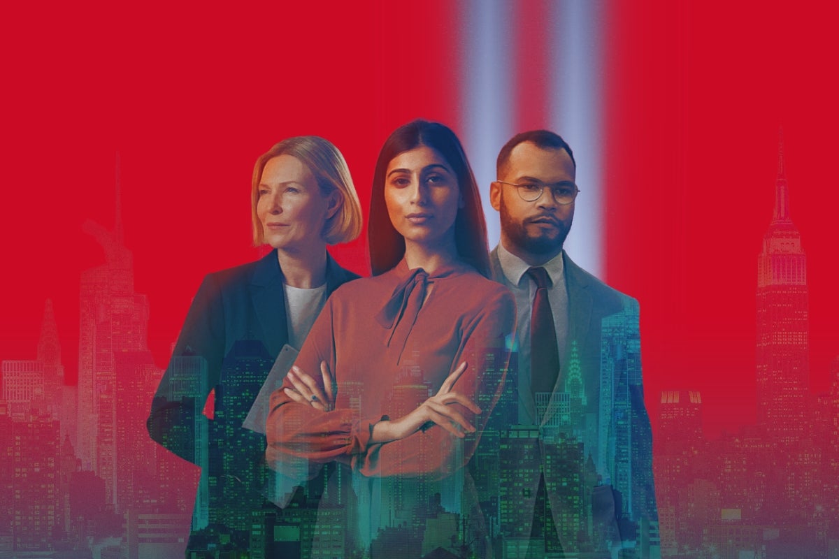 3 individuals standing in front of an illustration of the New York skyline on a red background.