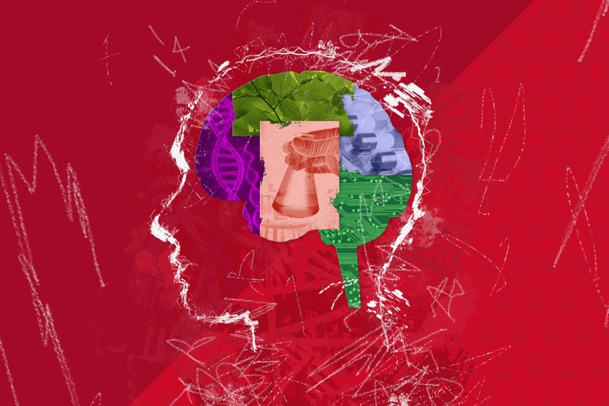 Collage of a human brain composed of leaves, DNA, laboratory glassware, technology, and circuit-board imagery against a red background