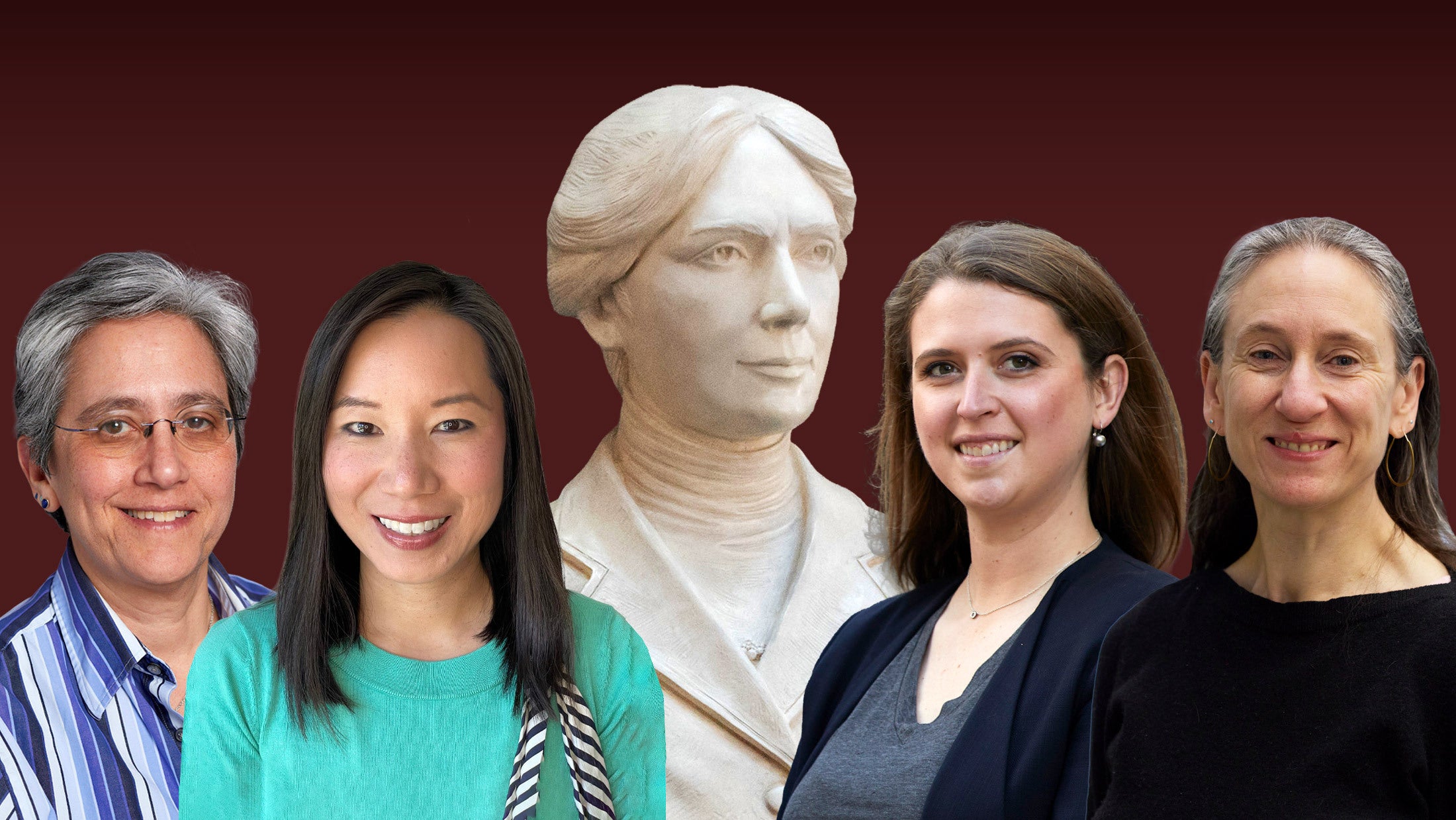 Headshots of four women collaged with a photo of a bust