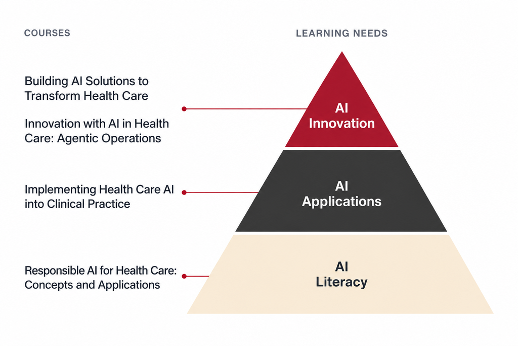 Pyramid of learning needs and courses. at the base of the pyramid is AI literacy, then AI applications, and AI innovation at the top.