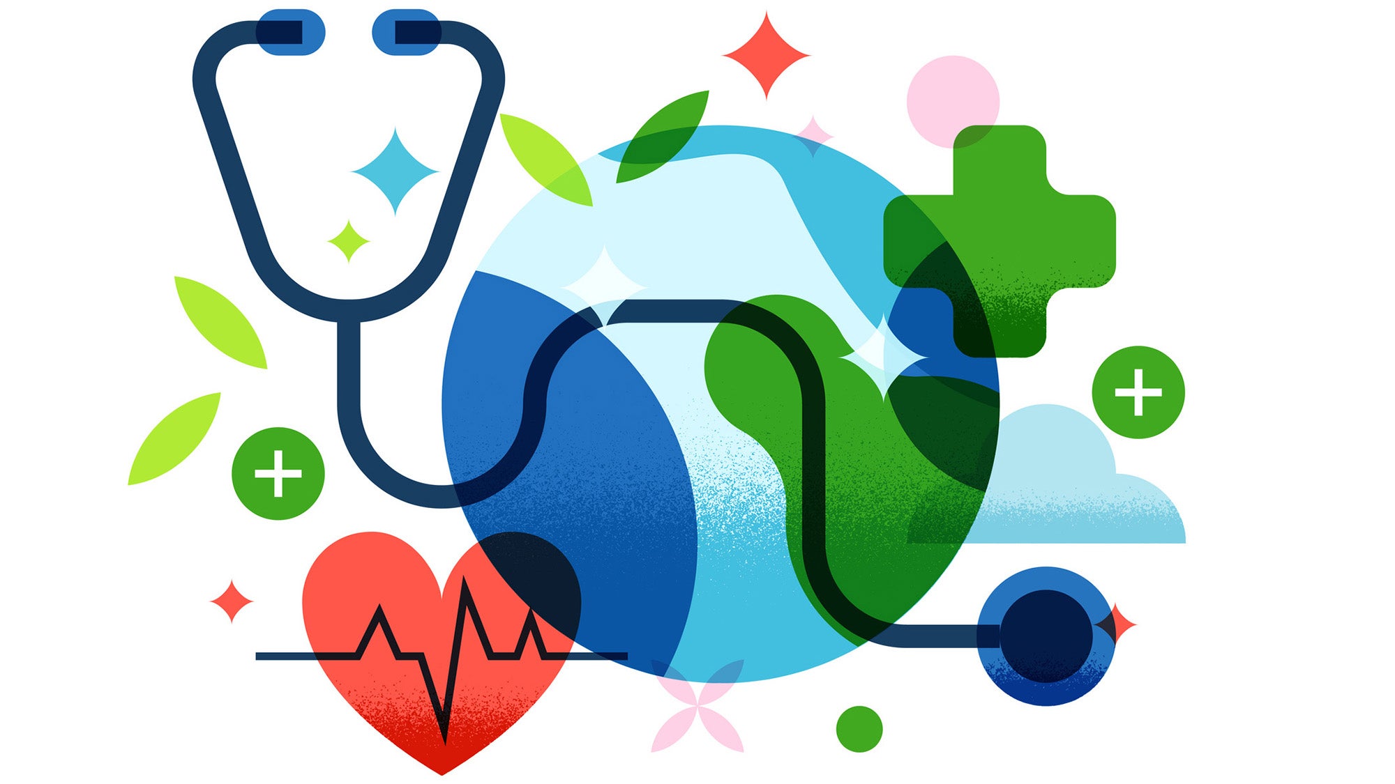 Vector illustration with globe, stethoscope, heart, medical crosses