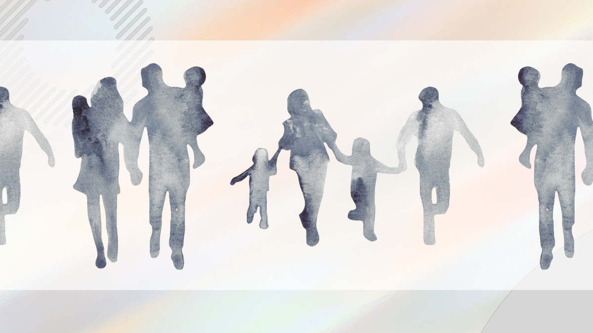 illustration of silhouettes of individuals walking on beige swirly background