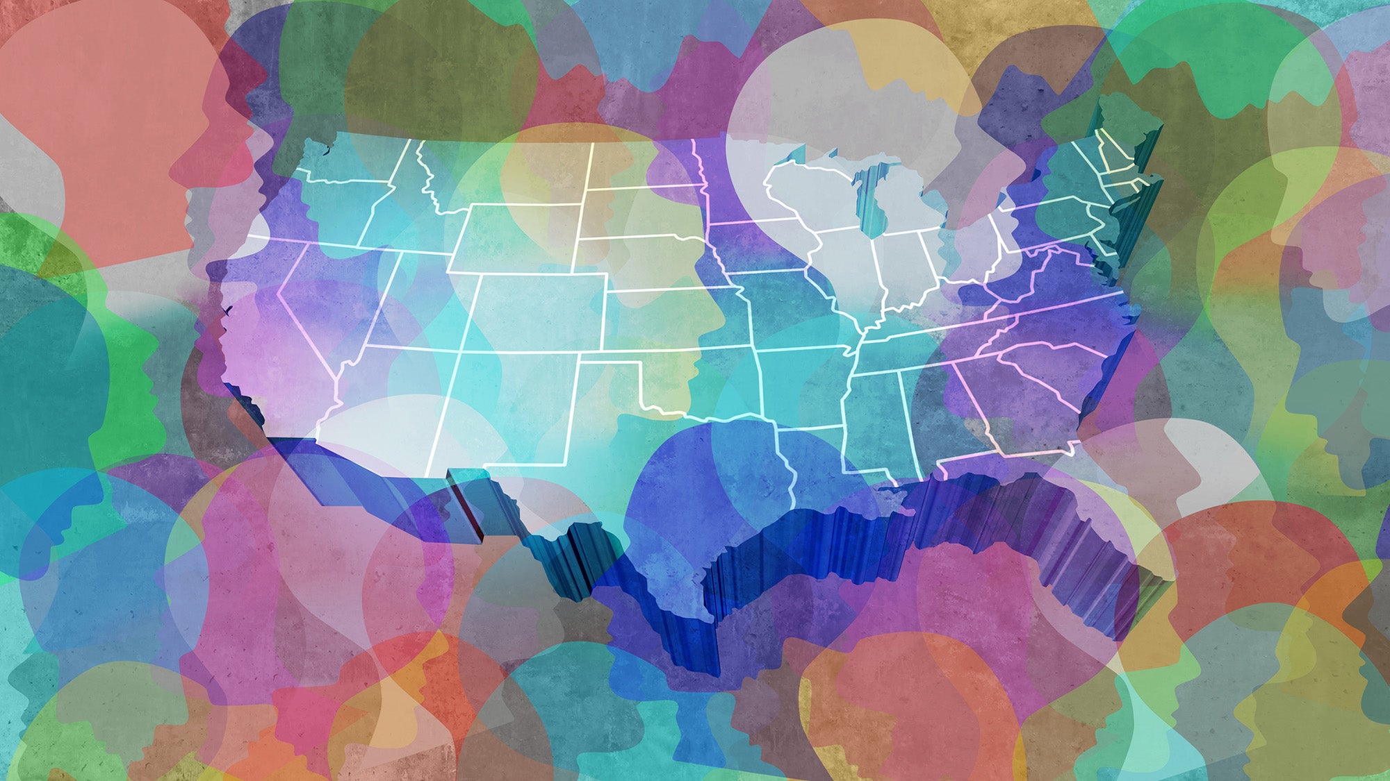 Illustration: Silhouettes of people's heads in profile, in various colors, overlaid by map of U.S. in white outline