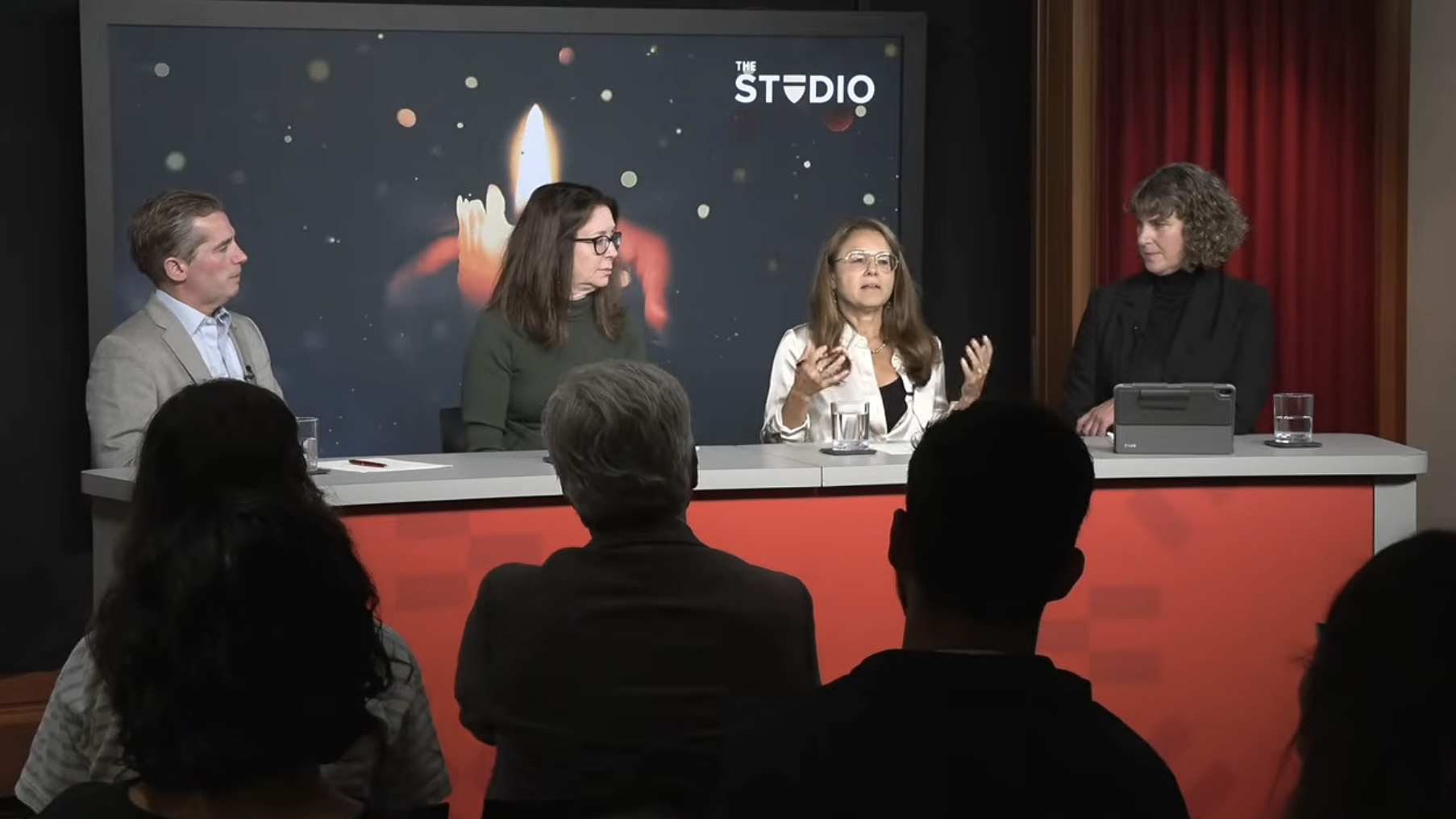 Studio event on grief, loss, and trauma. From left: panelists Matthew Nock, Karestan Koenen, Rachel Zimmerman, and moderator Christy Denckla