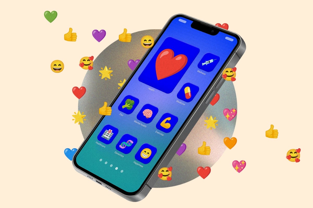 Image of a smartphone with a heart icon and emojis of hearts, thumbs ups, stars, and smiley faces